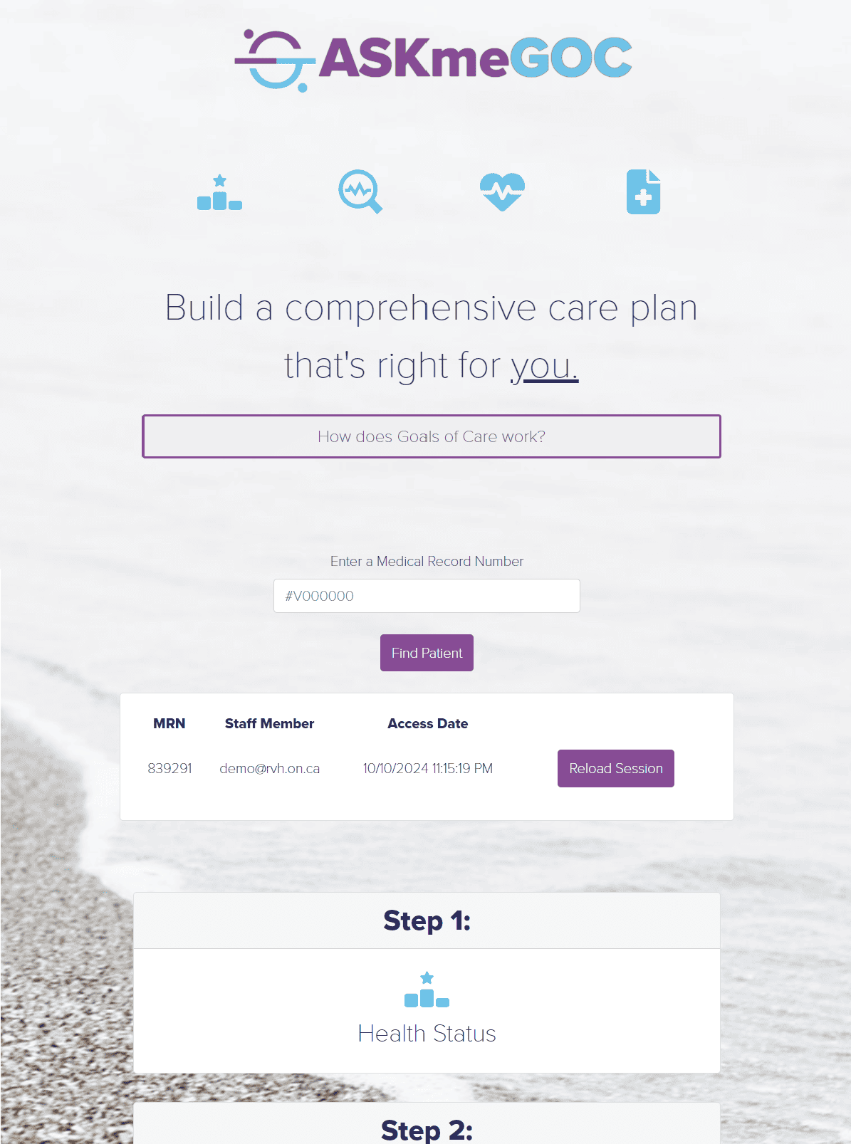 Screenshot of the ASKmeGOC application Home page